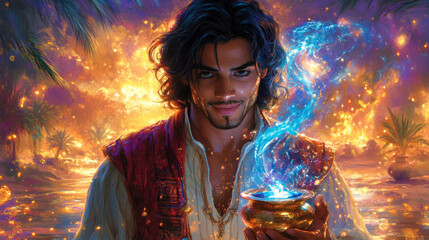 Naklejka premium Enigmatic Man Holding Magical Vessel with Glowing Blue Smoke in Fantasy Setting