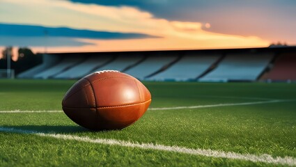 An American football resting on the field, illuminated by the warm hues of a sunset in the background. GENERATIVE AI