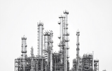 Fototapeta premium Black and white image of an industrial petrochemical plant against a white background. 