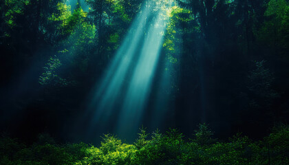 Obraz premium Glowing light beams breaking through a dense fog in a dark forest, mysterious and captivating, forest glowtime, eerie and enchanting