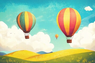 Fototapeta premium cute illustration of Bright and cheerful hot air balloons floating over rolling hills and fluffy clouds 