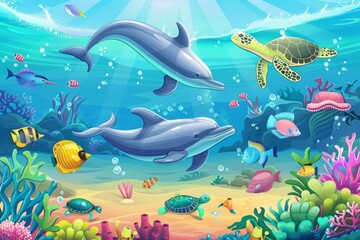 Fototapeta premium illustration of playful underwater adventure with friendly sea creatures like dolphins, turtles, and colorful fish, for children 