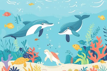 Fototapeta premium minimalistic cute illustration of playful underwater adventure with friendly sea creatures like dolphins, turtles, and colorful fish, for children 