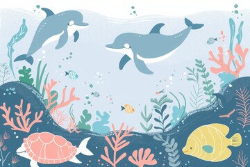Obraz premium minimalistic cute illustration of playful underwater adventure with friendly sea creatures like dolphins, turtles, and colorful fish, for children 