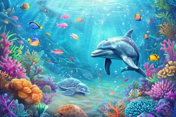 Fototapeta premium Playful underwater adventure with friendly sea creatures like dolphins, turtles, and colorful fish 