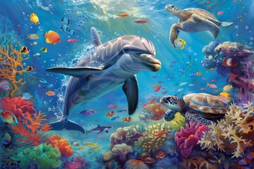 Fototapeta premium Playful underwater adventure with friendly sea creatures like dolphins, turtles, and colorful fish 