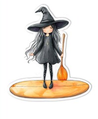 Cute little witch in hat with paddle on SUP surfboard - Halloween sticker isolated on white background