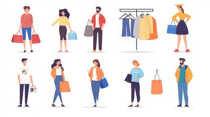 People shopping flat vector illustrations set. Happy boutique customers and friendly sellers cartoon characters. Clothing sale, consumerism concept. Garments shop, apparel retail business