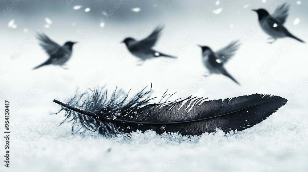 Wall mural   Black & white photo of birds soaring over a feather on the ground with a quill in fg