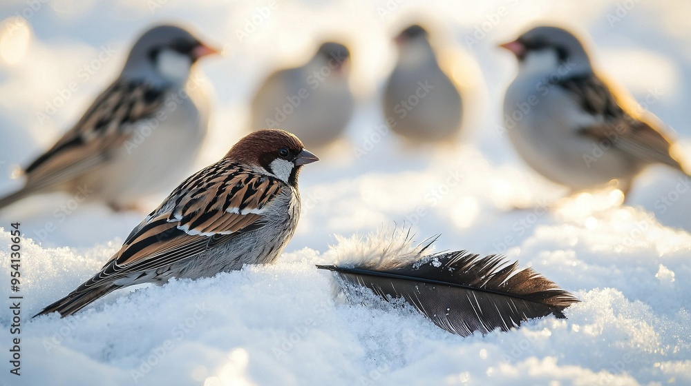 Sticker   A flock of avians perched on top of a mound of snow adjacent to a quill and feather