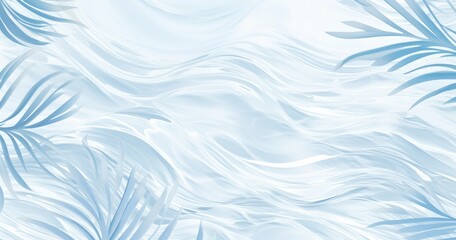 Obraz premium A serene abstract background featuring soft blue waves and palm leaves.
