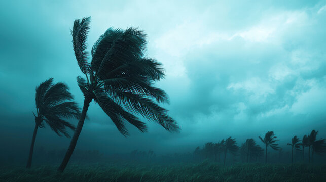 Galeforce winds bending palm trees during a tropical storm, extreme weather, powerful wind
