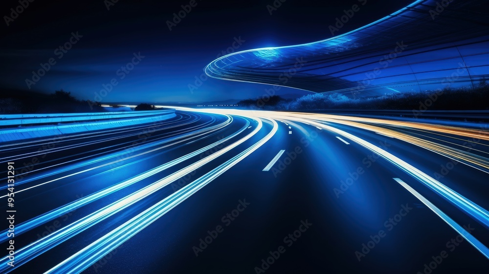 Poster a dynamic night scene featuring illuminated road lines and a futuristic architectural element.