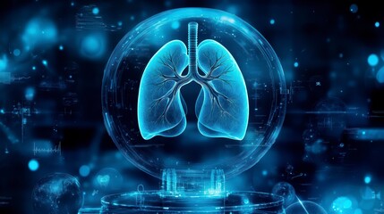 Holographic lungs in a glass sphere on a blue background. The medical concept of health protection