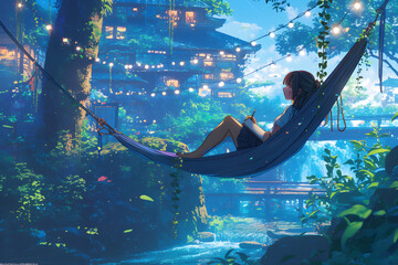 Hammock Girl journaling surrounded by nature with fairy lights and a gentle stream. Anime style, Cozy vibes