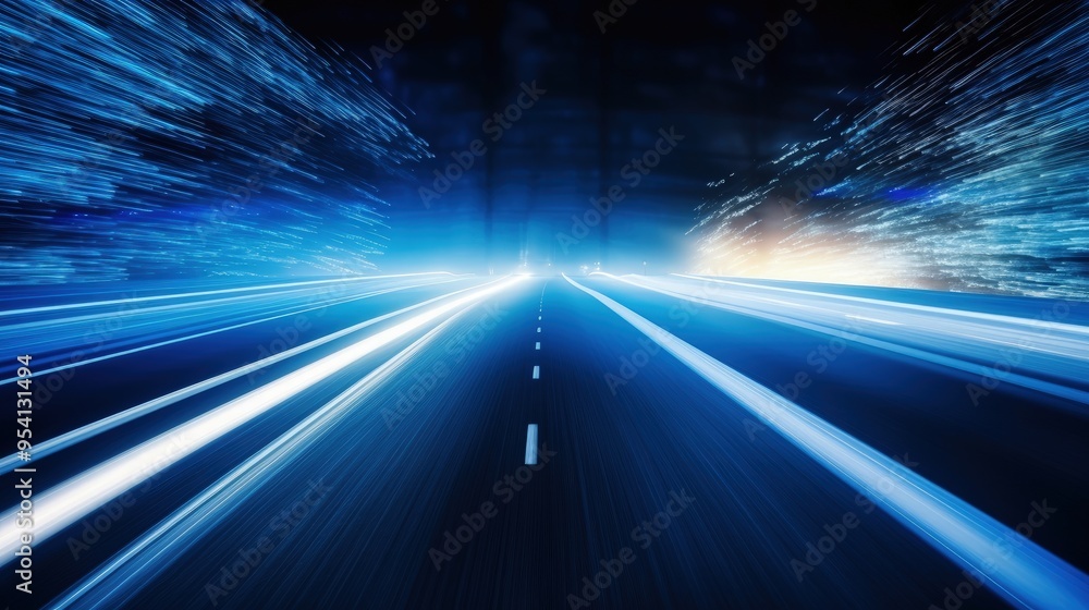 Poster a futuristic road scene with dynamic light trails suggesting speed and motion.
