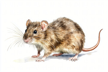 A detailed watercolor illustration of rat, showcasing its fur texture and whiskers, set against white background.