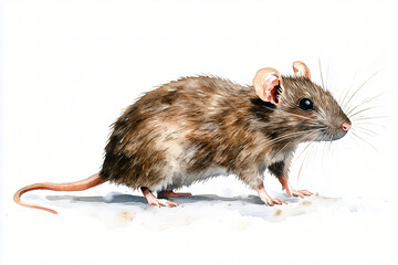 A detailed watercolor illustration of rat on white isolated background, showcasing its fur texture and features.