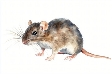 Watercolor illustration of rat on white isolated background, showcasing its detailed features and textures.