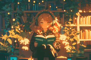 Cozy Girl immersed in a book in a cozy library filled with fairy lights and plants. Anime style, Cozy vibes