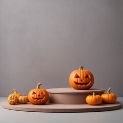 A linen-covered empty podium decorated with jack o'lantern pumpkins and wheat in natural colors. Autumn harvest season themes scene. Perfect for organic product show case on Thanksgiving or Halloween.