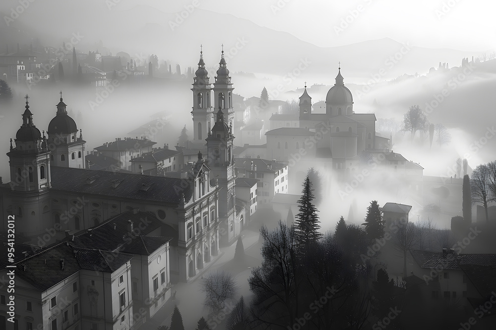 Poster foggy cityscape in black and white | dramatic monochrome view of italian urban landscape