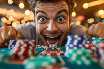 A close up of persons overjoyed face as they celebrate win at casino table, surrounded by colorful poker chips.