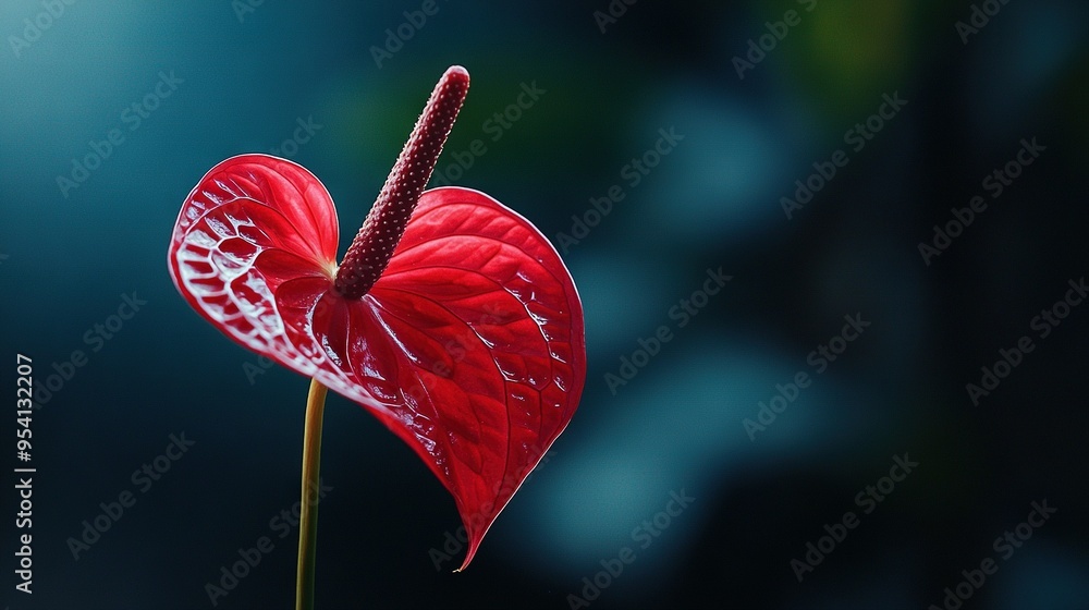 Wall mural   A red flower with water droplets on its petals and a blurry background