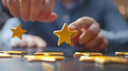 A hand reaches out and picks up a golden star from a table.