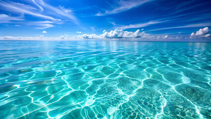 Crystal clear seascape. Turquoise clear ocean and blue sky, beautiful mesmerizing view.