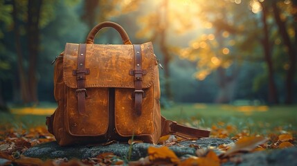 Vintage Leather Backpack in Autumn Forest