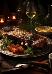 An elegant table set for dinner, showcasing succulent grilled ribs with roasted vegetables, fresh grapes, and a glass of white wine, offering a luxurious and mouthwatering culinary experience.
