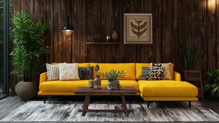 Tropical Brazilian Room, Vibrant Yellow Sofa, Mahogany Panels, Coffee Table