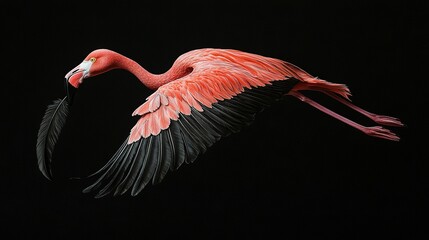   A pink flamingo flies in the sky with spread wings and head held high