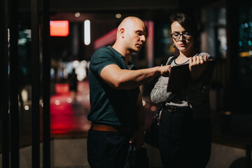 Two business professionals engaged in a night-time discussion, analyzing data on a tablet outside in a city setting.