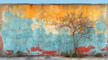 Abstract Tree Silhouette Against Colorful Wall