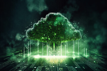 Abstract digital polygonal cloud tree on blue background. Computer, data and security concept. 3D Rendering