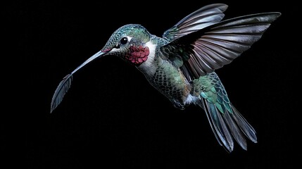 Fototapeta premium A hummingbird gracefully glides through the sky with its wings spread wide and beak aimed towards the earth below
