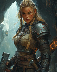 dwarven warrior in armor holding an engraved axe standing in a mountain cave with a determined look