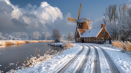 Dutch Windmill and Snowy Landscape