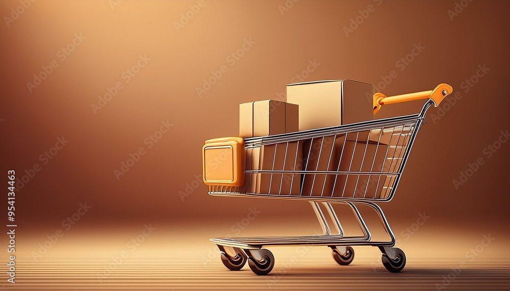 Wall mural illustration of shopping cart and cardboard boxes, business idea for home purchase and delivery serv