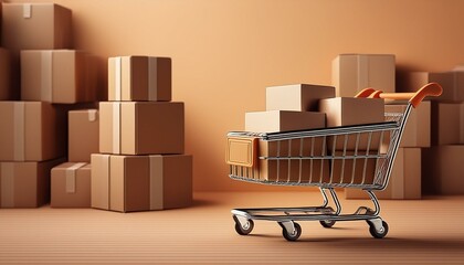 Illustration of shopping cart and cardboard boxes, business idea for home purchase and delivery service. Generative AI