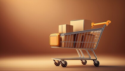 Illustration of shopping cart and cardboard boxes, business idea for home purchase and delivery service. Generative AI