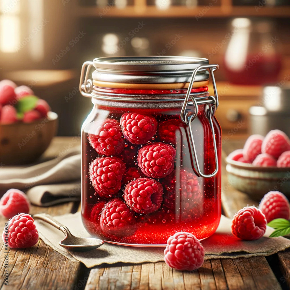 Poster raspberry jam in a clear glass jar on a rustic wooden table