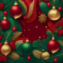 green christmas background with fir branches, christmas baubles, pine cones and candles