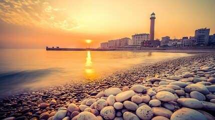   A beach adjacent to a vast expanse of water features a lighthouse perched atop a distant tower