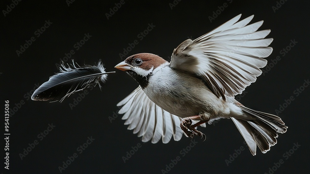 Wall mural   A bird, perched, wings outstretched, feather in beak, gently flaps its wings