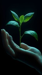 Digital photo illustration of hands gently covering a sprout, using a low poly wireframe and 3D effect
