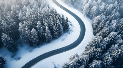 Curving Snowy Road Amidst Winter Landscape