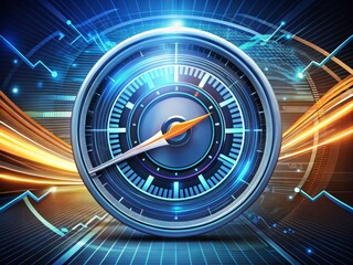 Illustrated gauge with arrows and speedometer needles surrounded by stylized shapes and lines, conveying dynamic motion